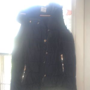 Navy long vest with gold zippers size large puffer with hood